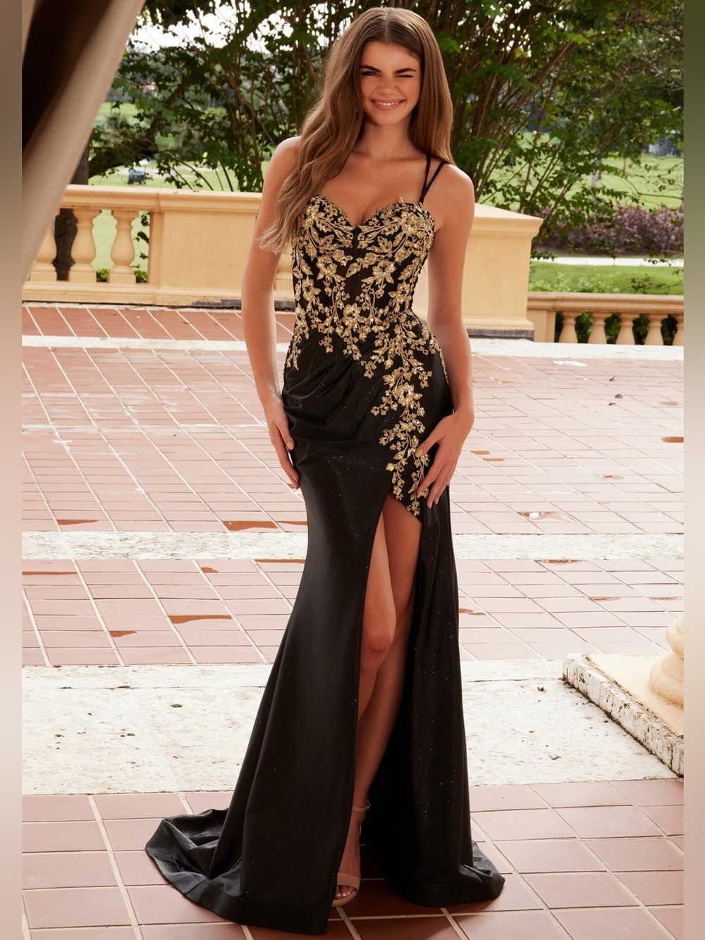 Nox Anabel C1613 6 Fitted Prom Party Gala Long Glitter Formal Dress Gold Black